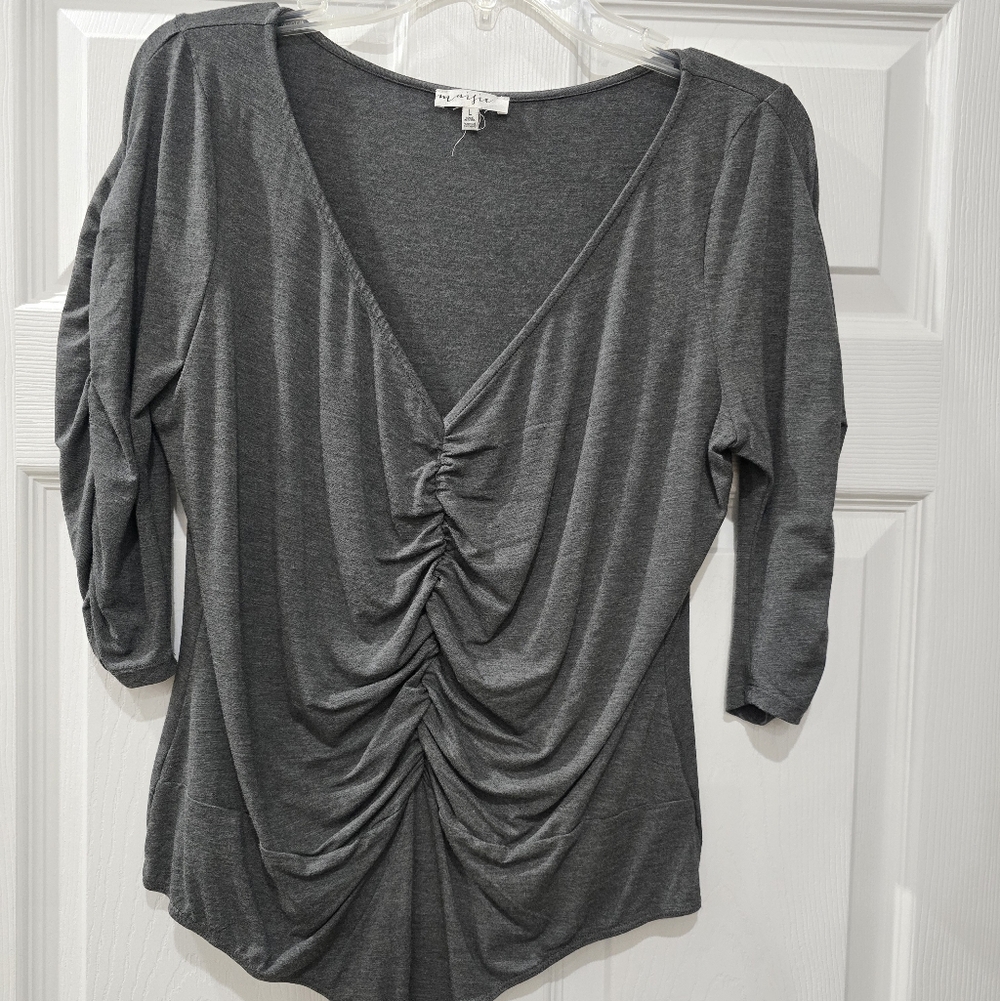 Ruched Front Gray V-Neck Women’s Top Bodysuit Size L OFFERS WELCOME!!!